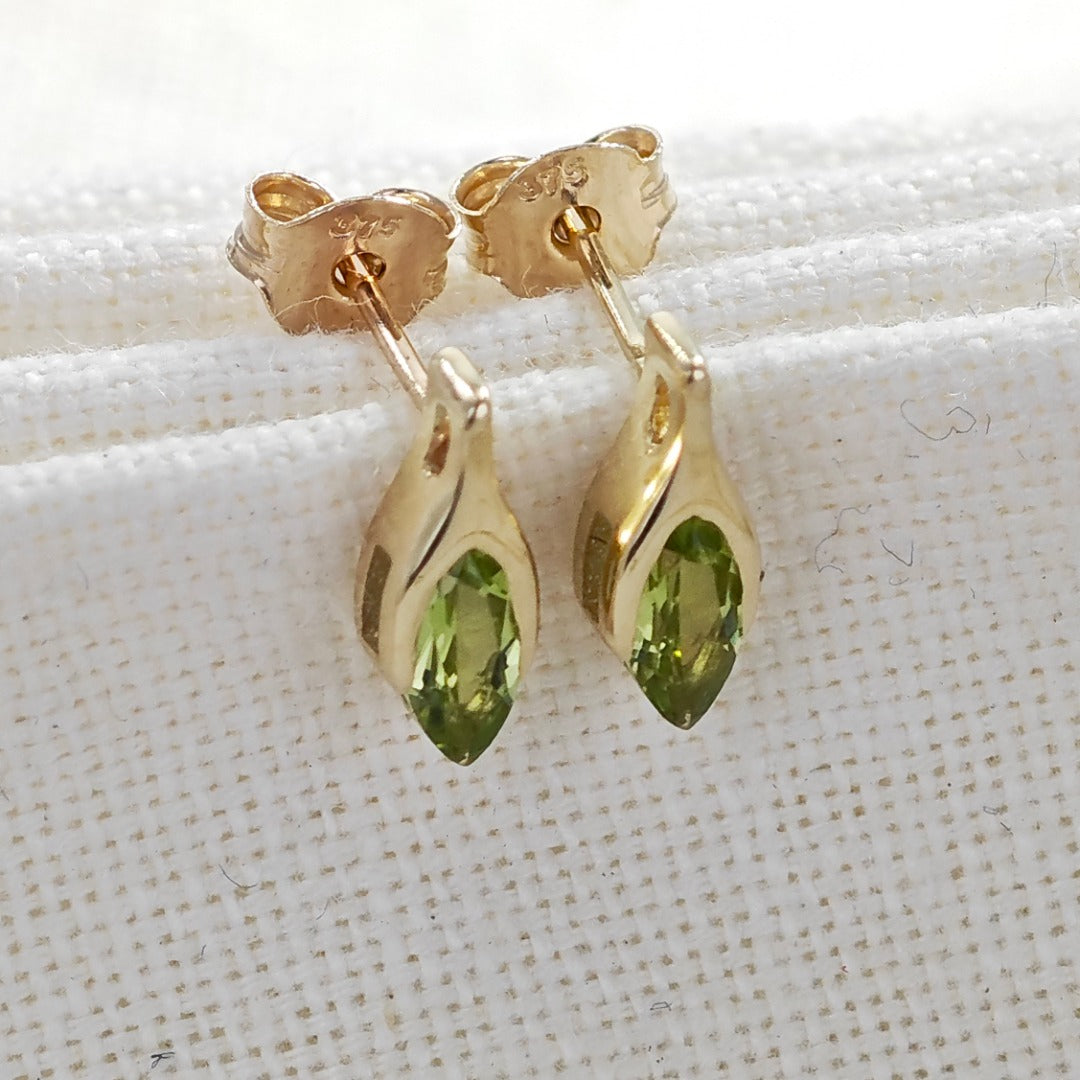 Peridot Earrings 9ct Yellow Gold Studs Minimalist Marquise