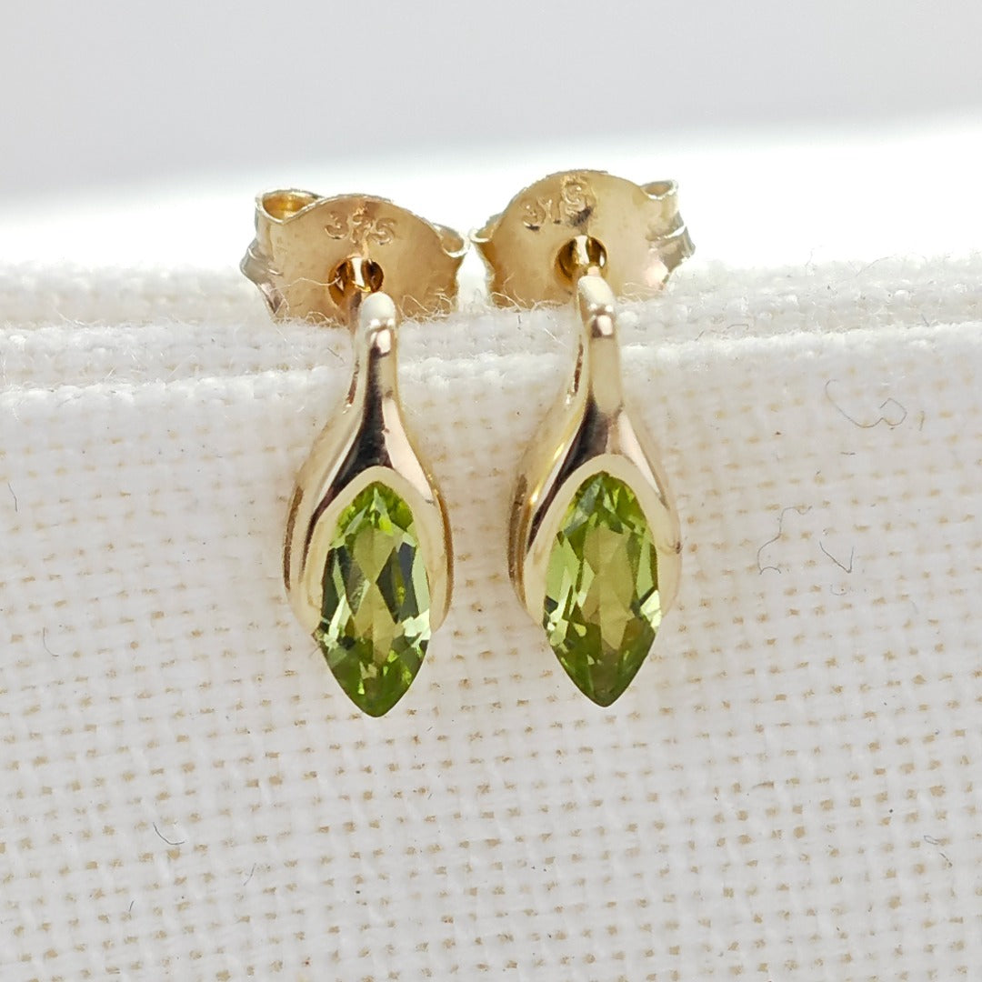 Peridot Earrings 9ct Yellow Gold Studs Minimalist Marquise