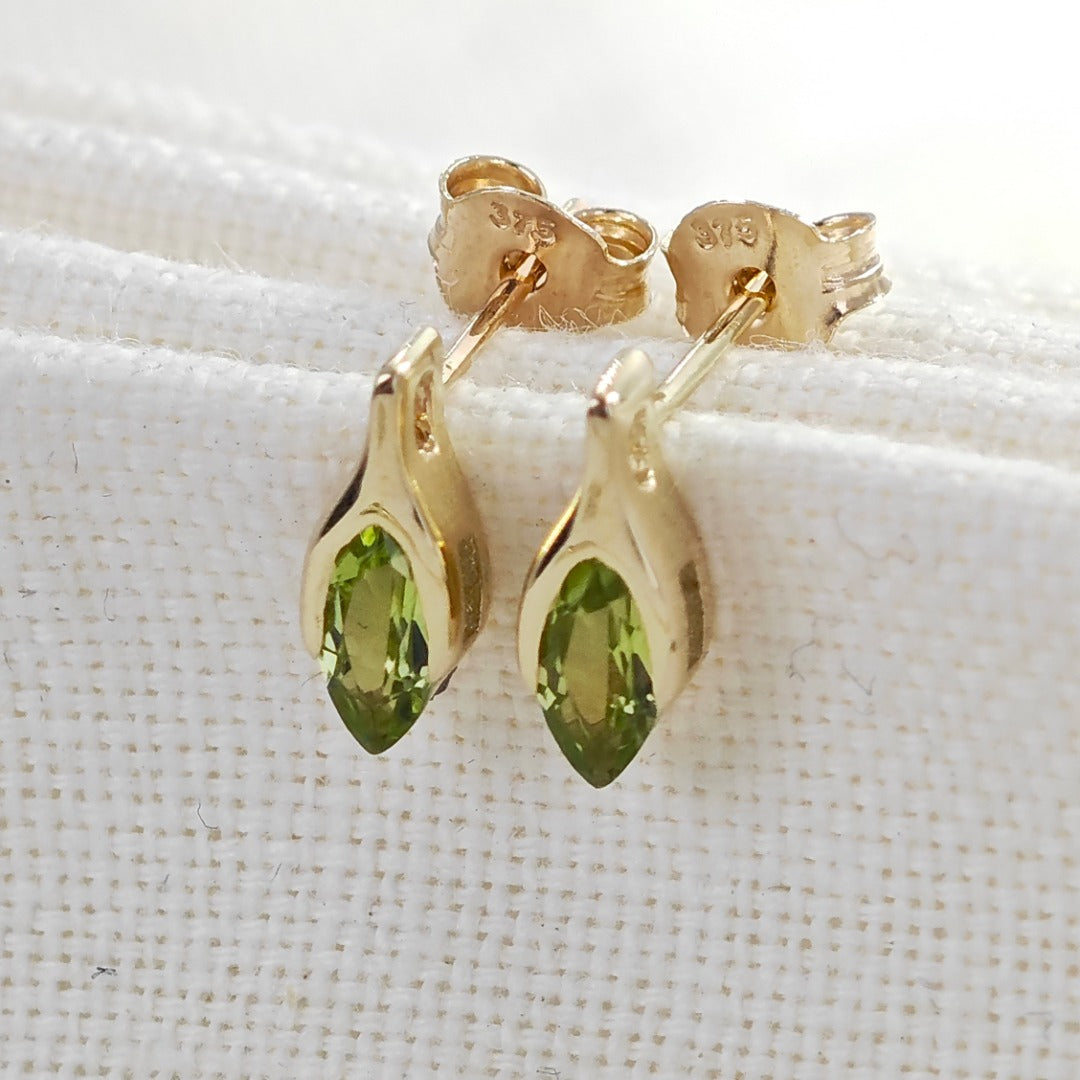 Peridot Earrings 9ct Yellow Gold Studs Minimalist Marquise