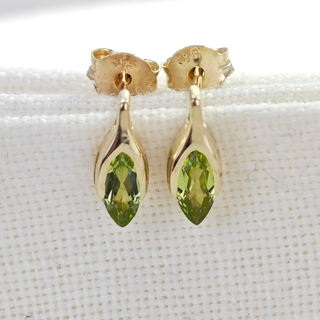Peridot Earrings 9ct Yellow Gold Studs Minimalist Marquise