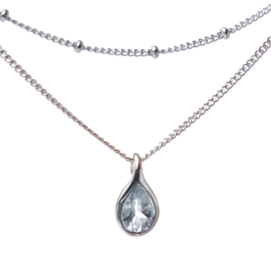 Aquamarine rubover pear pendant plus layered bead chain sterling silver