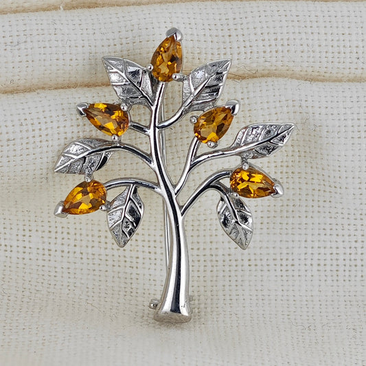 Citrine Brooch Tree of Life Sterling Silver Yellow Boxed Gift
