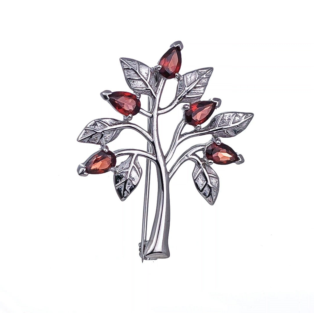 Garnet Brooch Tree of Life Sterling Silver Red Boxed Gift