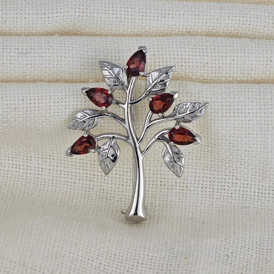 Garnet Brooch Tree of Life Sterling Silver Red Boxed Gift