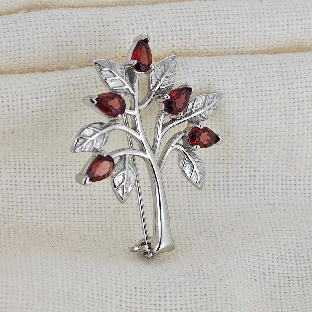 Garnet Brooch Tree of Life Sterling Silver Red Boxed Gift