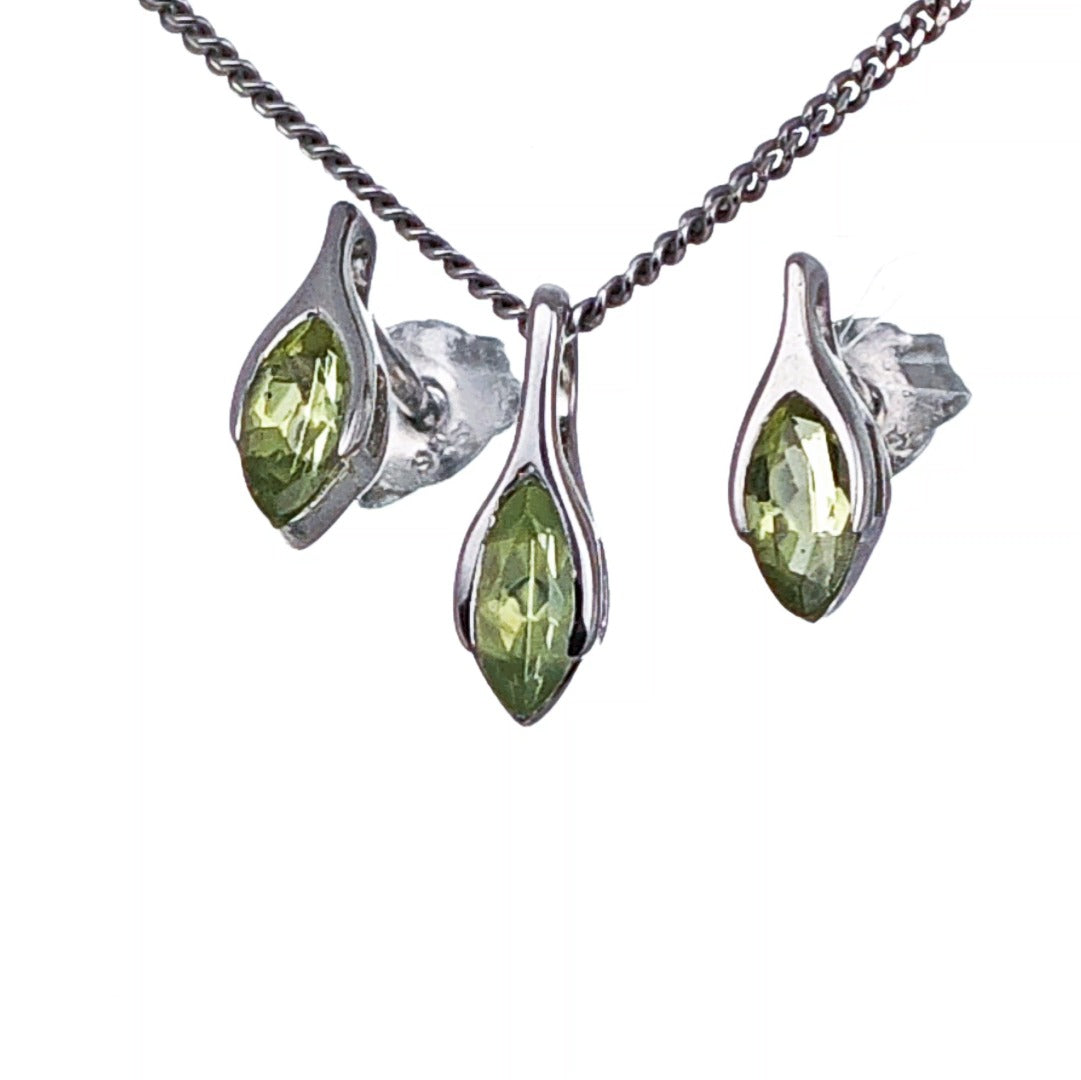Set Peridot Necklace Earrings SMALL Solitaire Minimalist Marquise