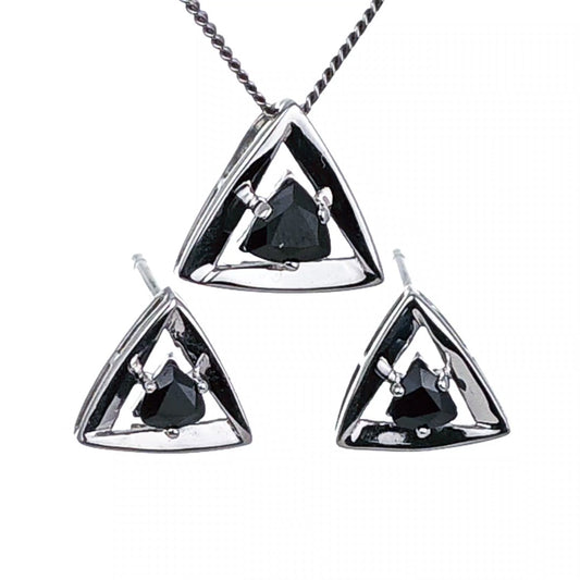 Sapphire Set Earrings Pendant Sterling Silver Trillion Triangle Inky Blue