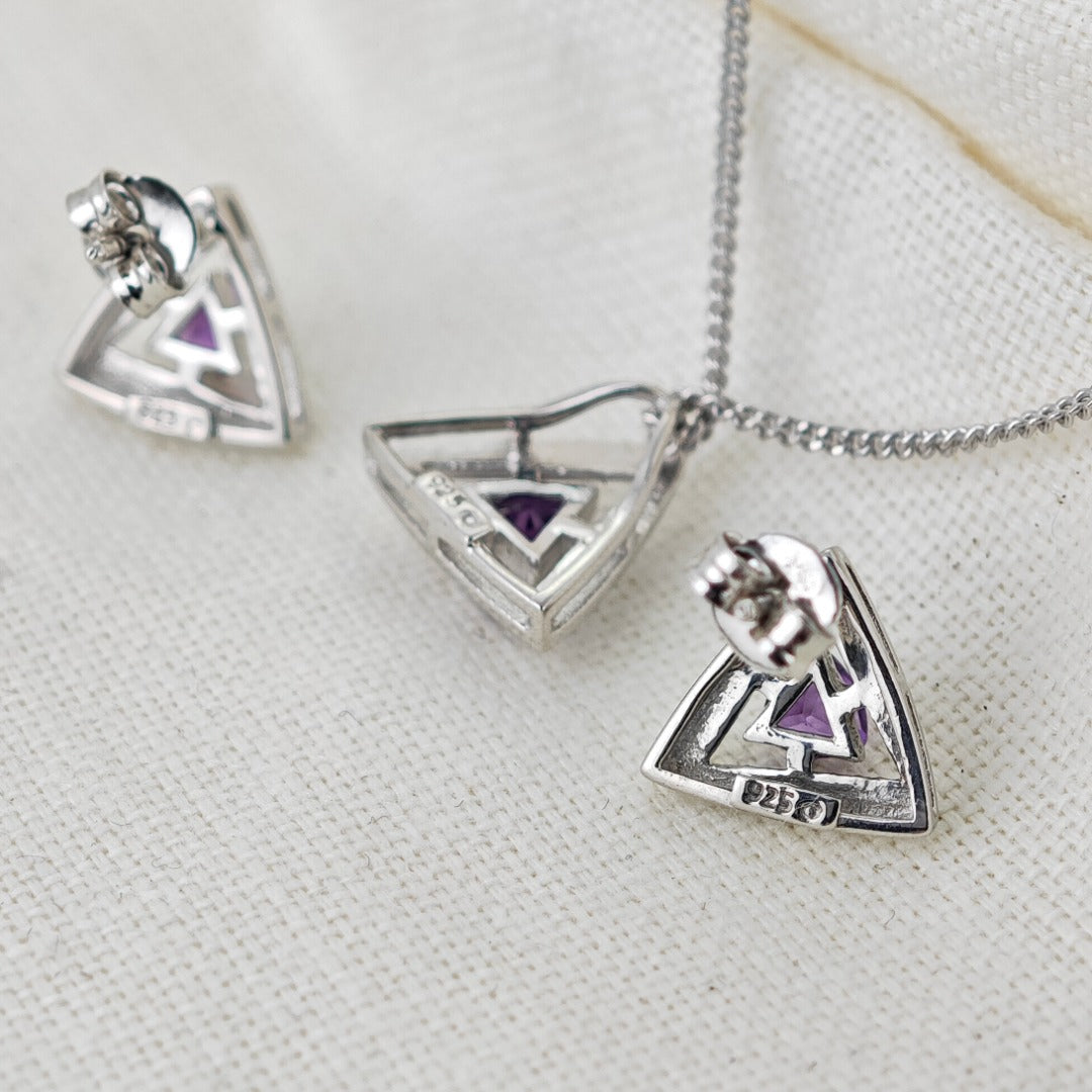 Amethyst Set Necklace Earrings Sterling Silver Studs Trillion