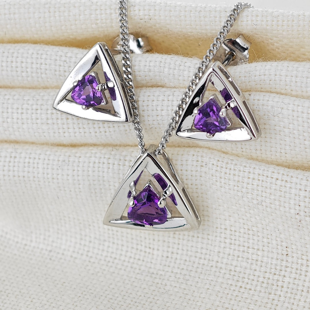 Amethyst Set Necklace Earrings Sterling Silver Studs Trillion
