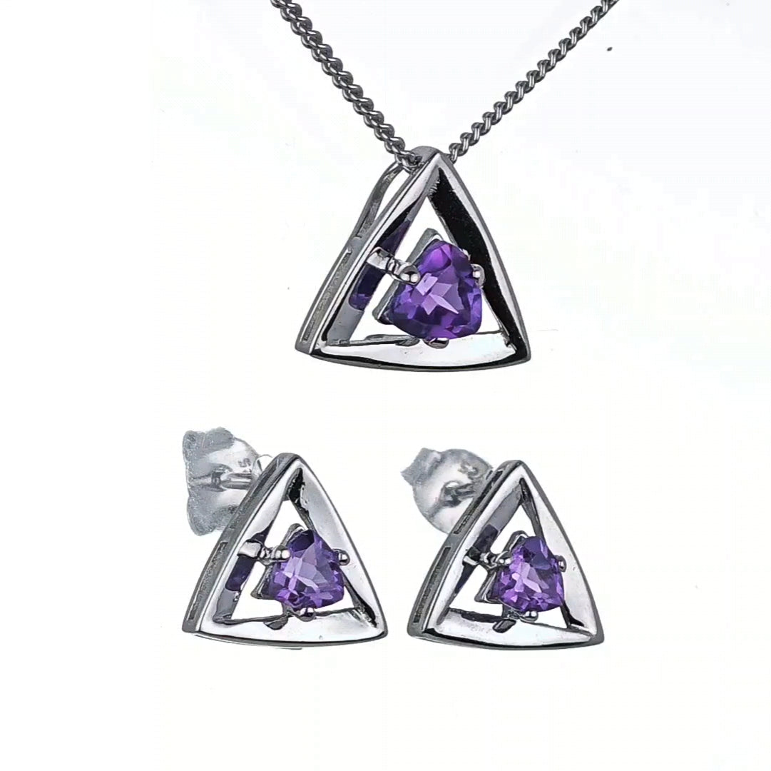 Amethyst Set Necklace Earrings Sterling Silver Studs Trillion