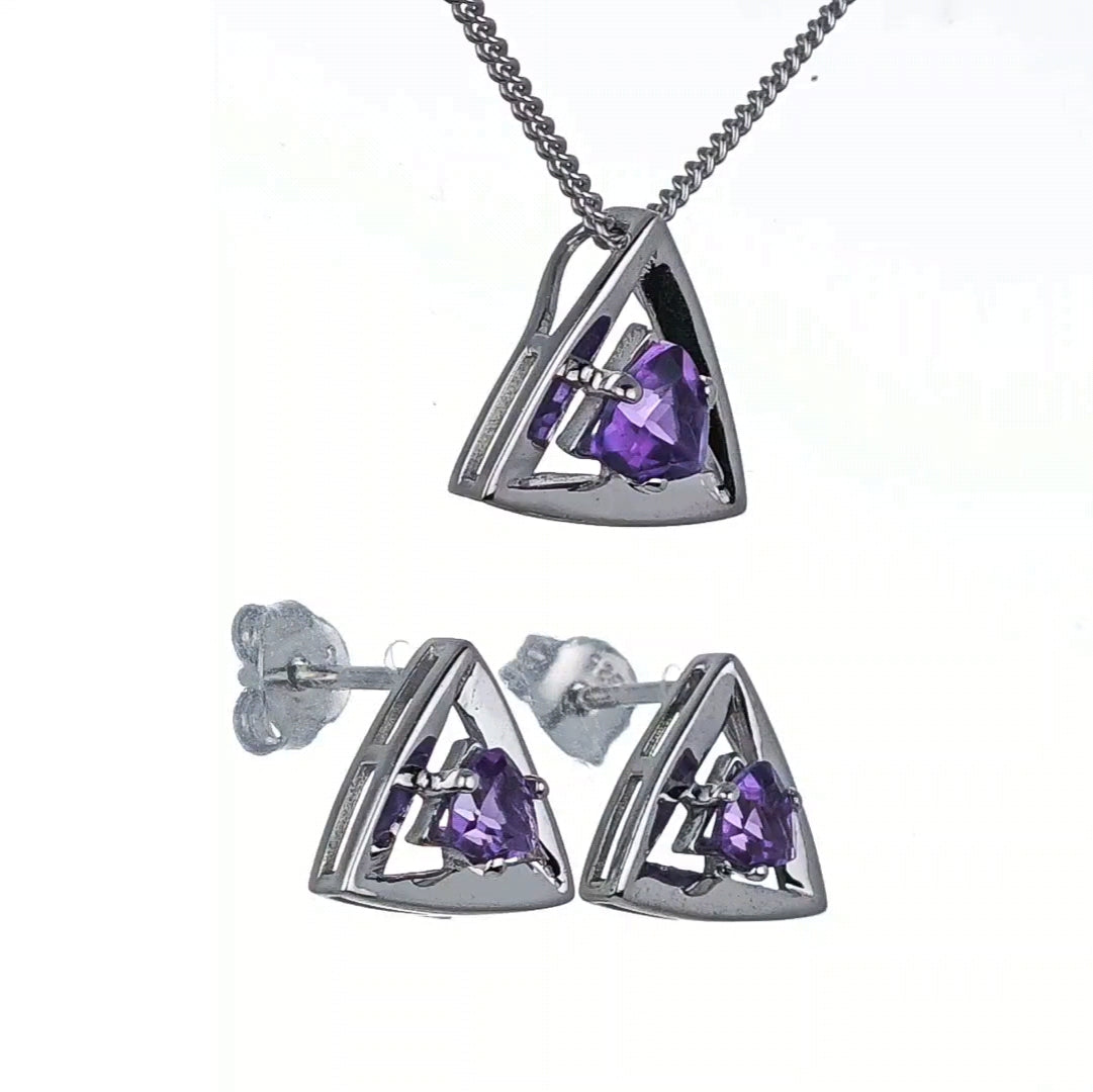 Amethyst Set Necklace Earrings Sterling Silver Studs Trillion
