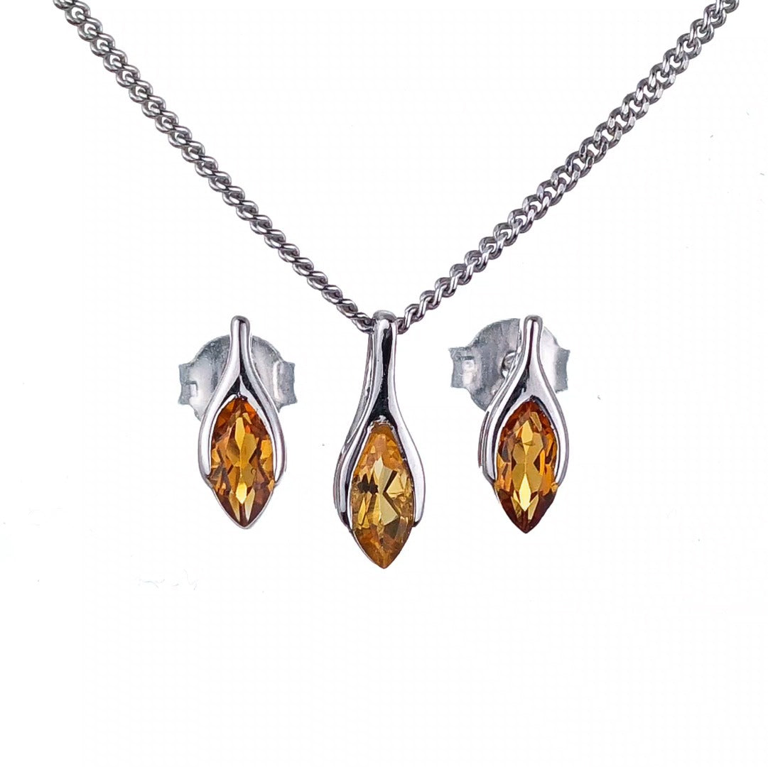 Citrine Set Necklace Earrings Sterling Silver Studs Minimalist Marquise