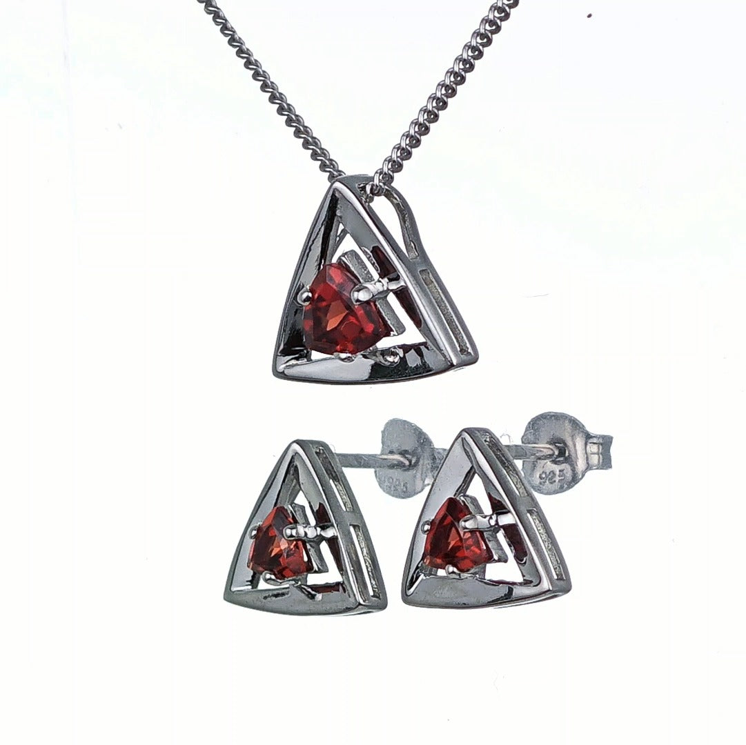 Garnet Trillion Set Necklace Stud Earrings