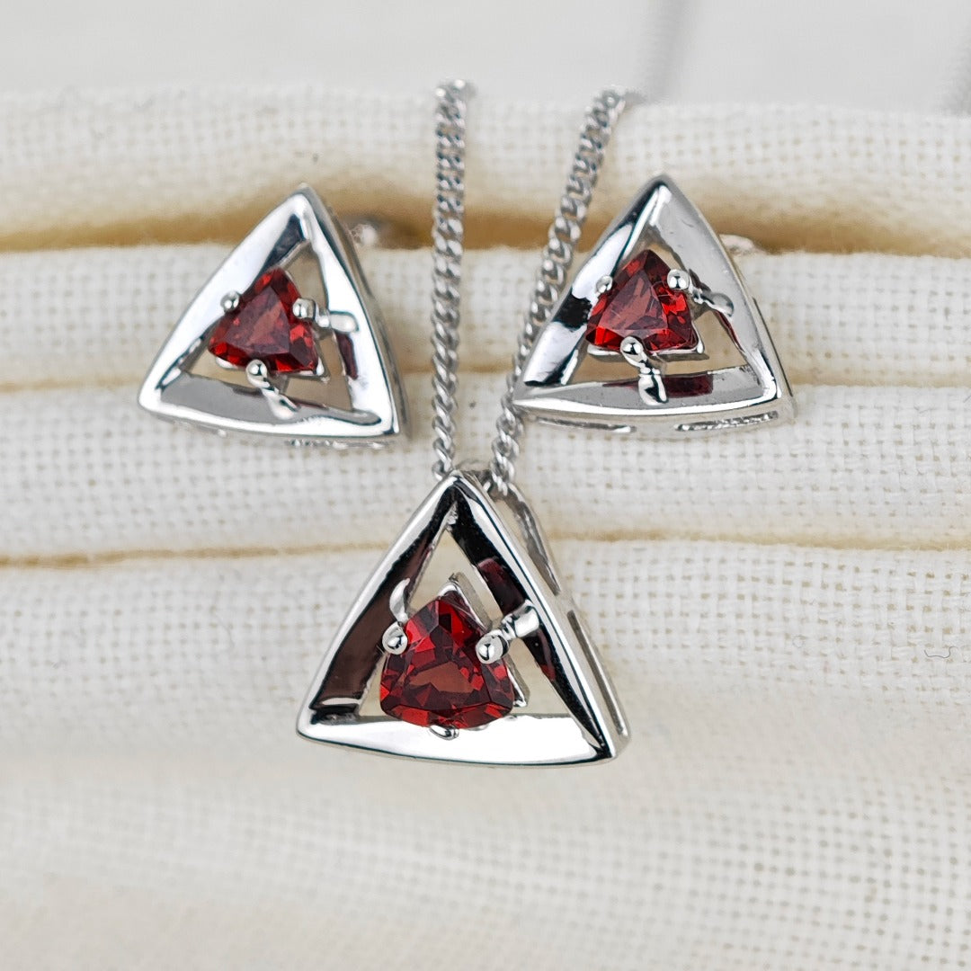 Garnet Trillion Set Necklace Stud Earrings