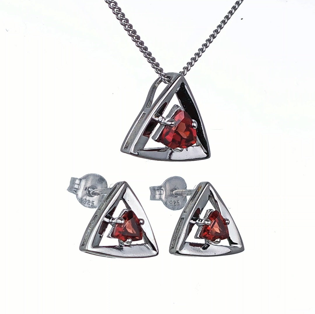 Garnet Trillion Set Necklace Stud Earrings