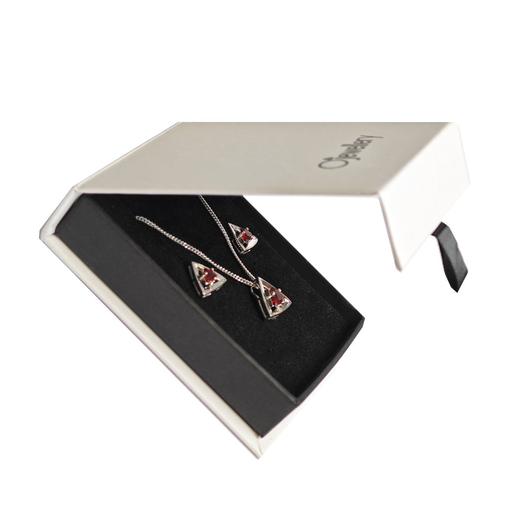 Garnet Trillion Set Necklace Stud Earrings