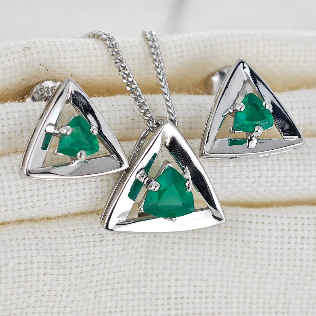 Onyx Green Set Necklace Earrings Sterling Silver Studs Trillion