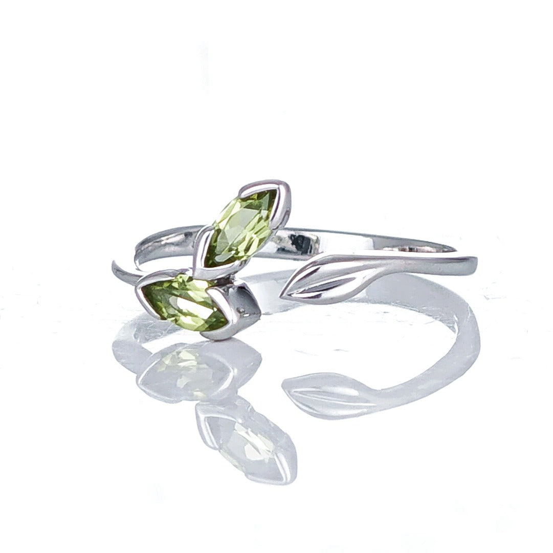 peridot ring sterling silver adjustable size olive leaves designed in the UK