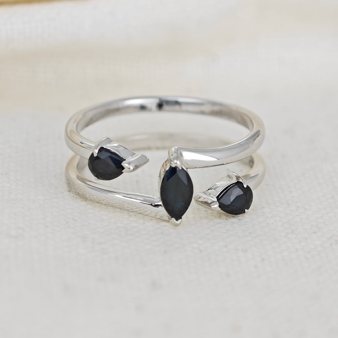 Sapphire Ring  Sterling Silver Adjustable Marquise Trilogy
