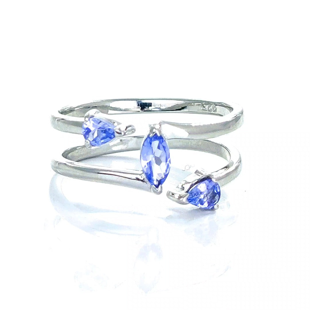 tanzanite trilogy ring sterling silver blue marquise adjustable designed in the UK
