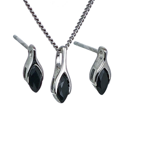 Sapphire Set Earrings Pendant Sterling Silver SMALL Solitaire Minimalist Marquise