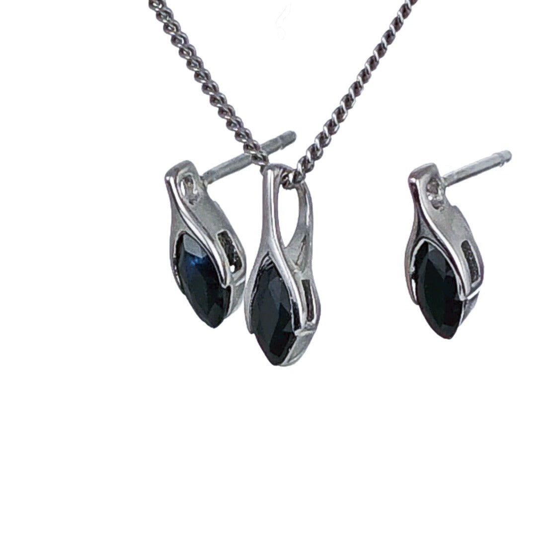 Sapphire Set Earrings Pendant Sterling Silver SMALL Solitaire Minimalist Marquise