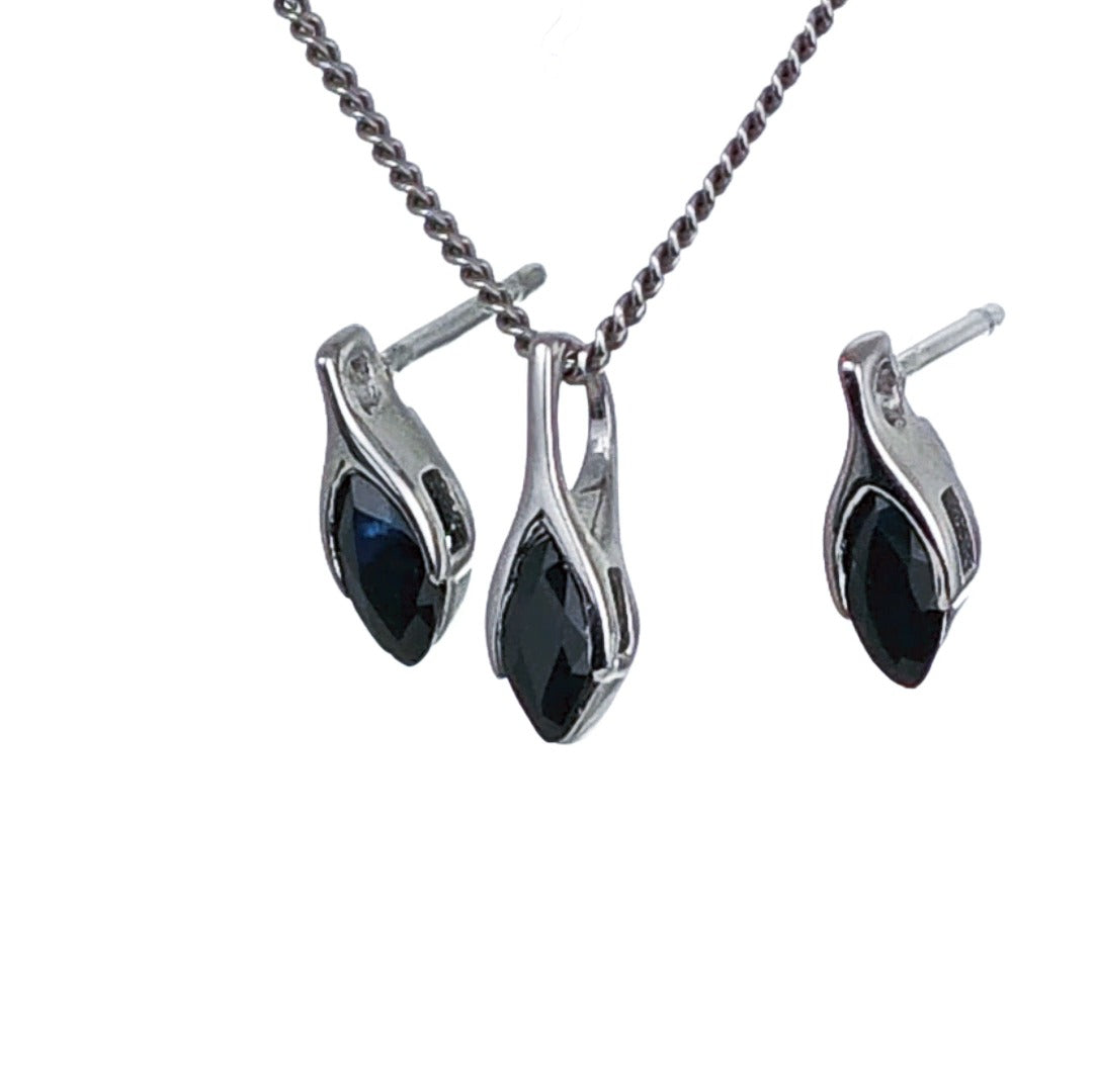 Sapphire Set Earrings Pendant Sterling Silver SMALL Solitaire Minimalist Marquise