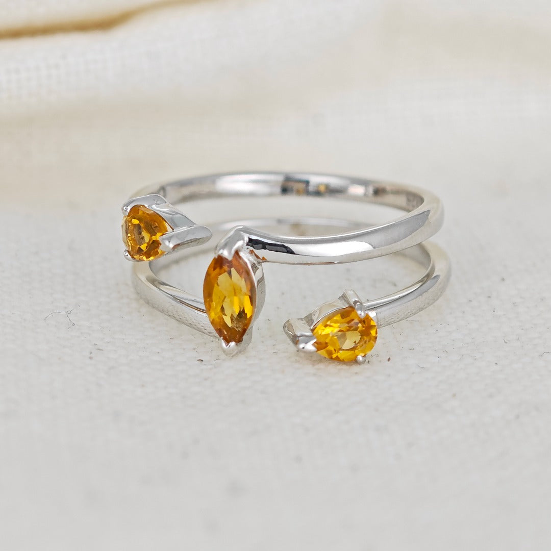 Citrine Ring Sterling Silver Marquise Trilogy Adjustable Double Band