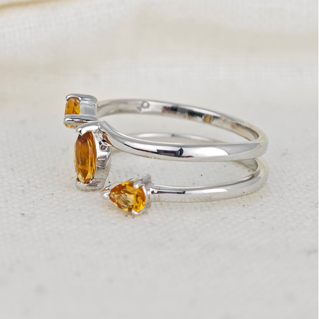 Citrine Ring Sterling Silver Marquise Trilogy Adjustable Double Band