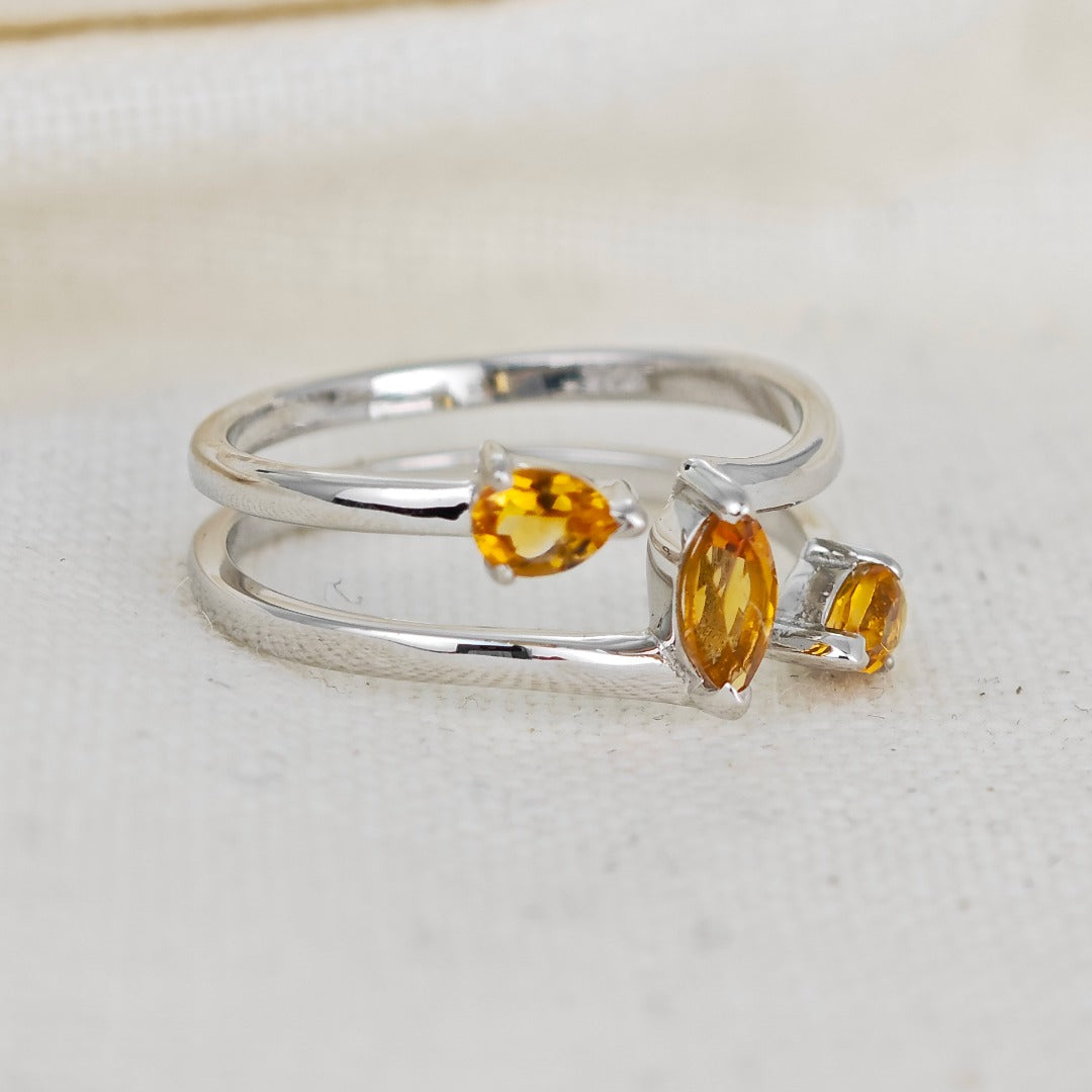 Citrine Ring Sterling Silver Marquise Trilogy Adjustable Double Band