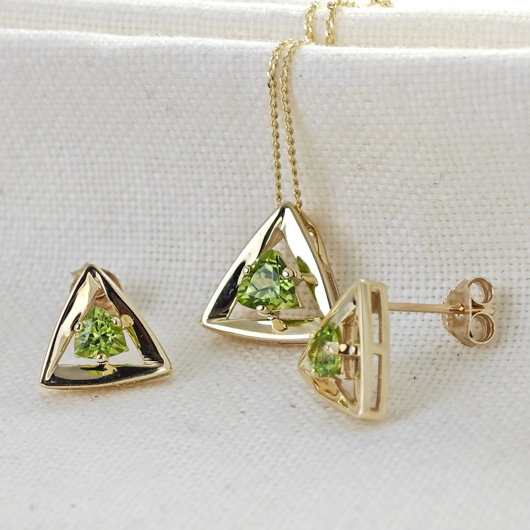 9ct Gold Peridot Set Pendant Earrings Trillion Hallmarked UK Design Handmade