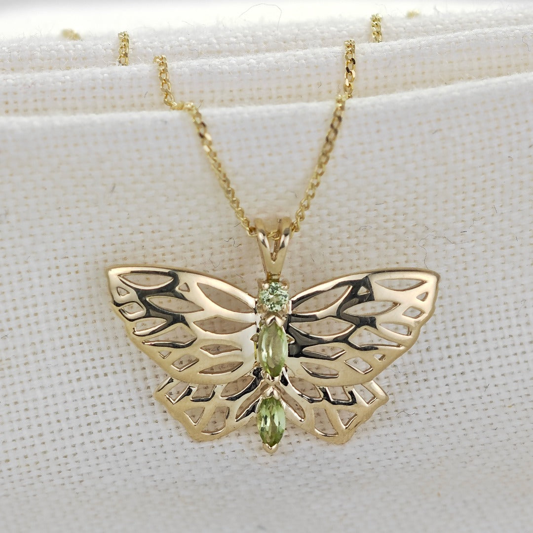 9ct Gold Peridot Butterfly Necklace UK Design Handmade Hallmarked