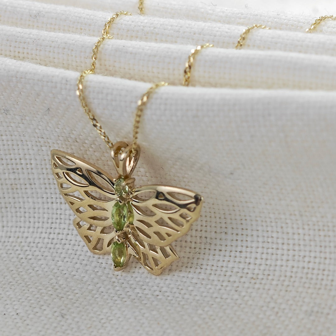 9ct Gold Peridot Butterfly Necklace UK Design Handmade Hallmarked