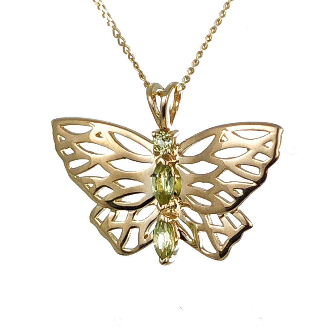 9ct Gold Peridot Butterfly Necklace UK Design Handmade Hallmarked
