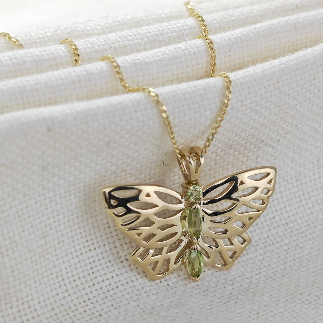 9ct Gold Peridot Butterfly Necklace UK Design Handmade Hallmarked