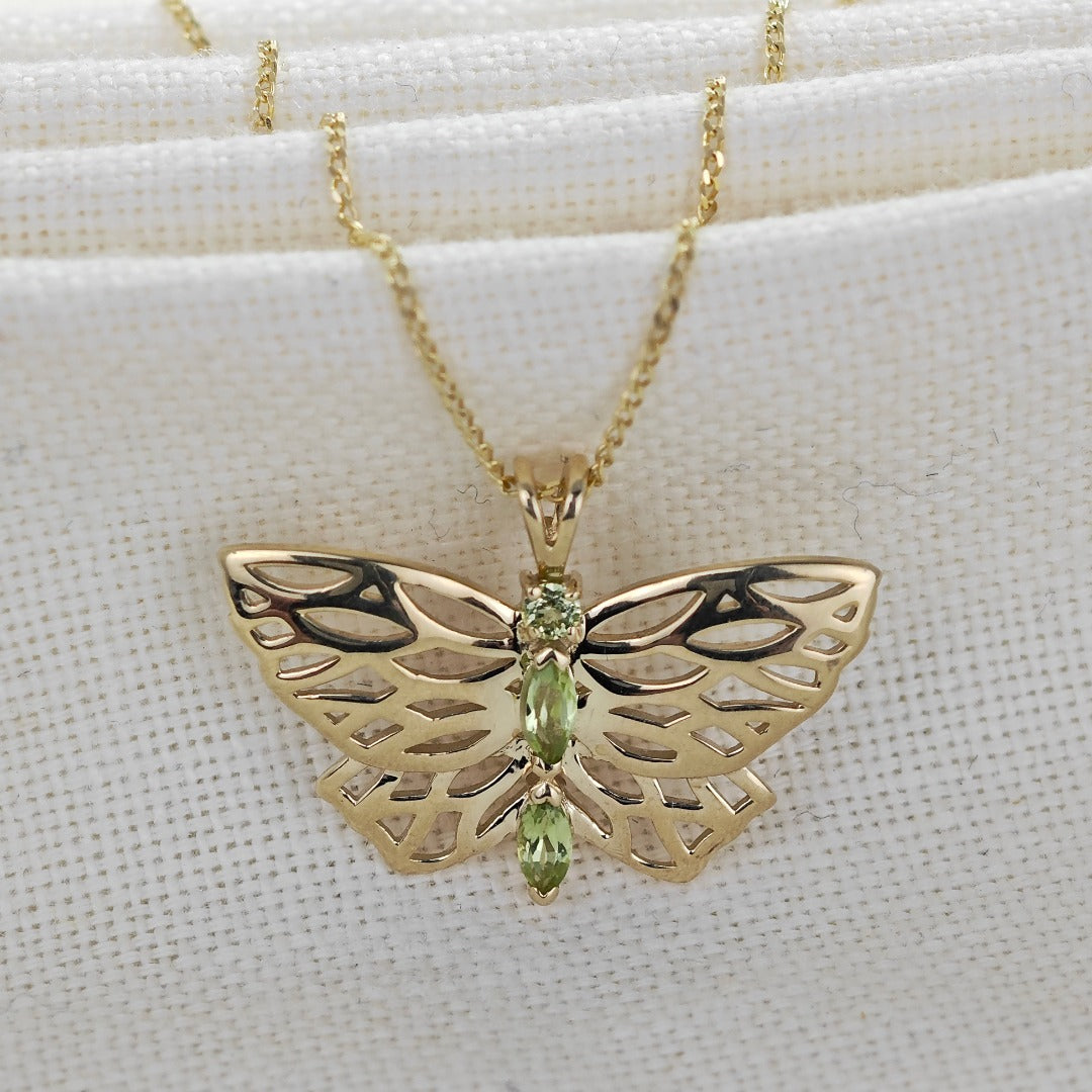 9ct Gold Peridot Butterfly Necklace UK Design Handmade Hallmarked