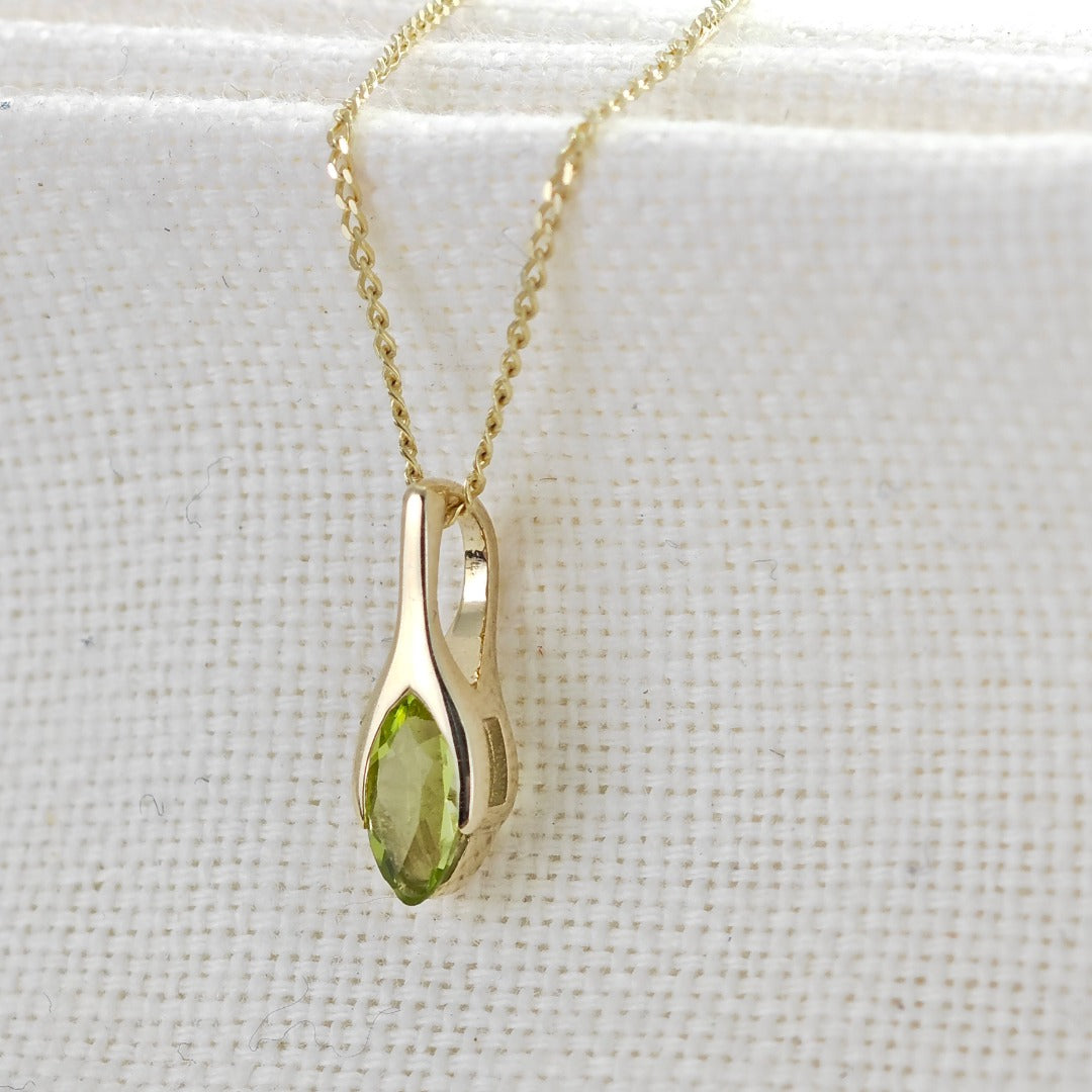 9ct Gold Peridot Pendant Minimalist Green Marquise