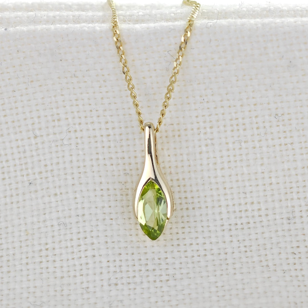 9ct Gold Peridot Pendant Minimalist Green Marquise
