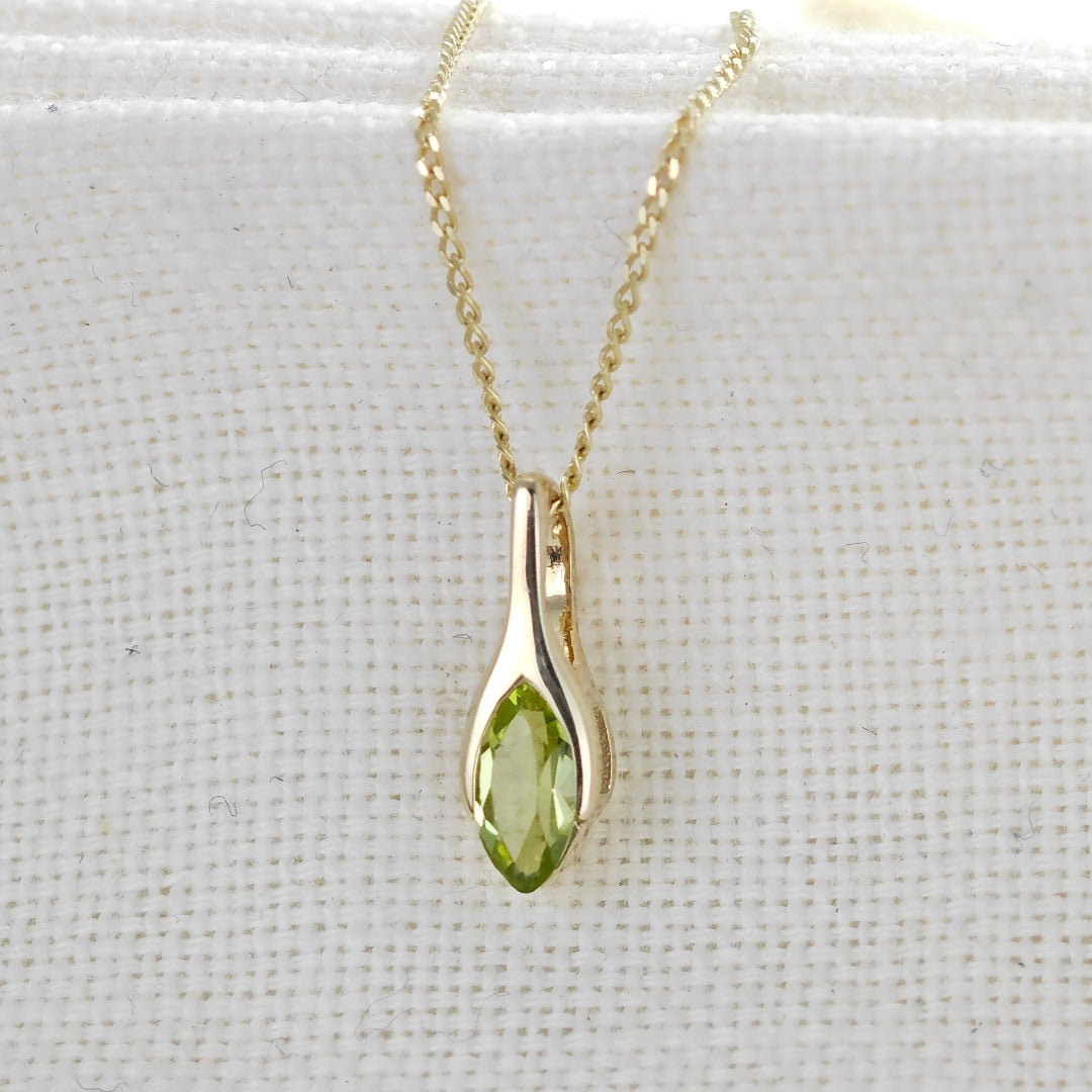 9ct Gold Peridot Pendant Minimalist Green Marquise