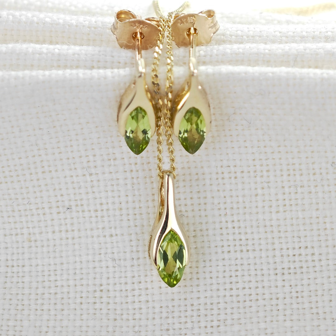 9ct Gold Peridot Set Pendant Stud Earrings Minimalist Green Marquise