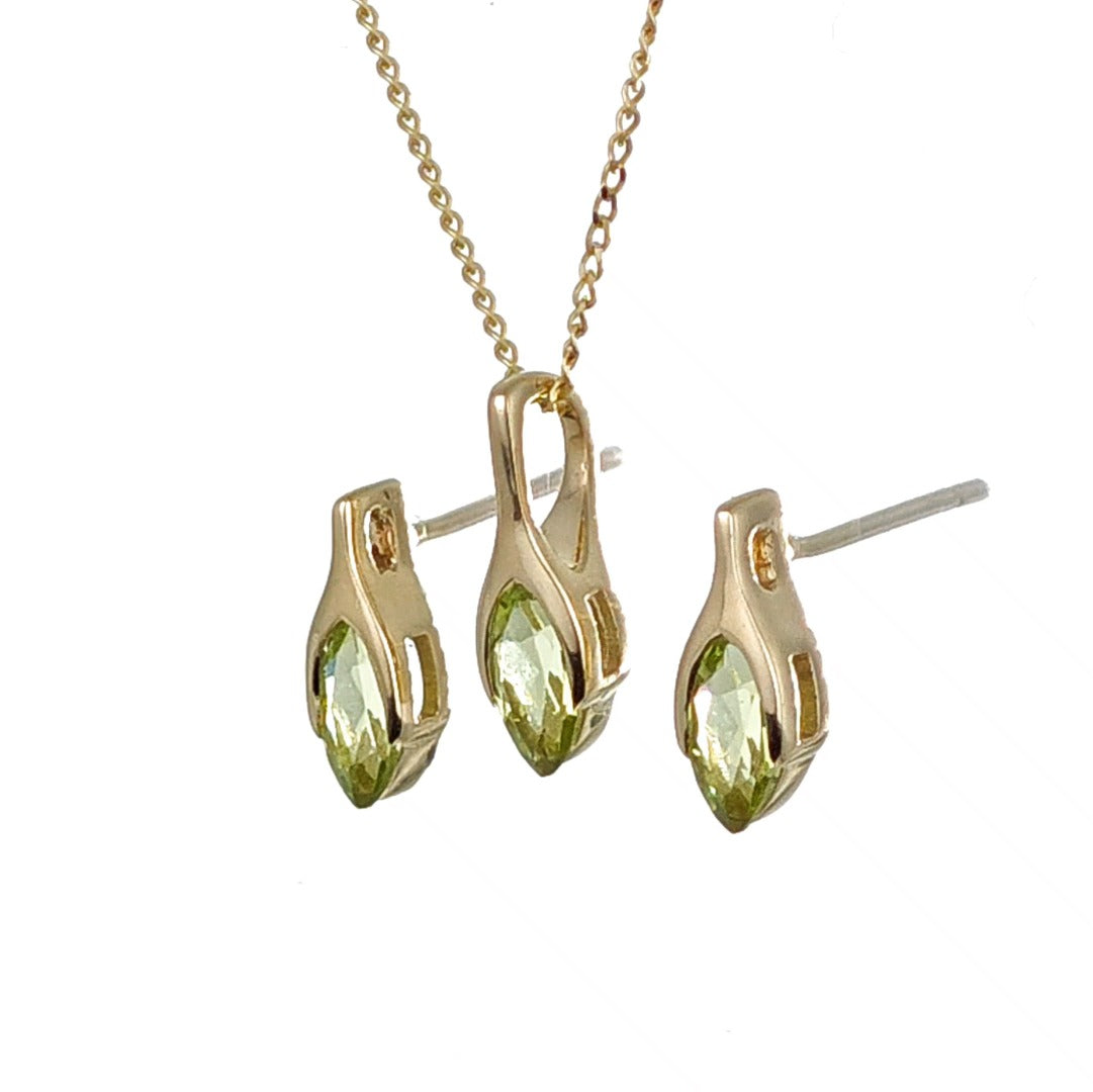 9ct Gold Peridot Set Pendant Stud Earrings Minimalist Green Marquise