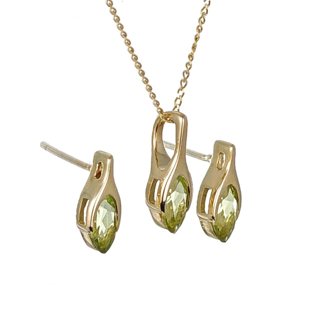 9ct Gold Peridot Set Pendant Stud Earrings Minimalist Green Marquise