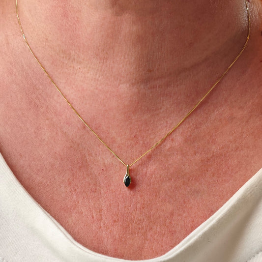 9ct Blue Sapphire Pendant Yellow Gold Minimalist Marquise UK Design