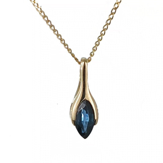 9ct Blue Sapphire Pendant Yellow Gold Minimalist Marquise UK Design