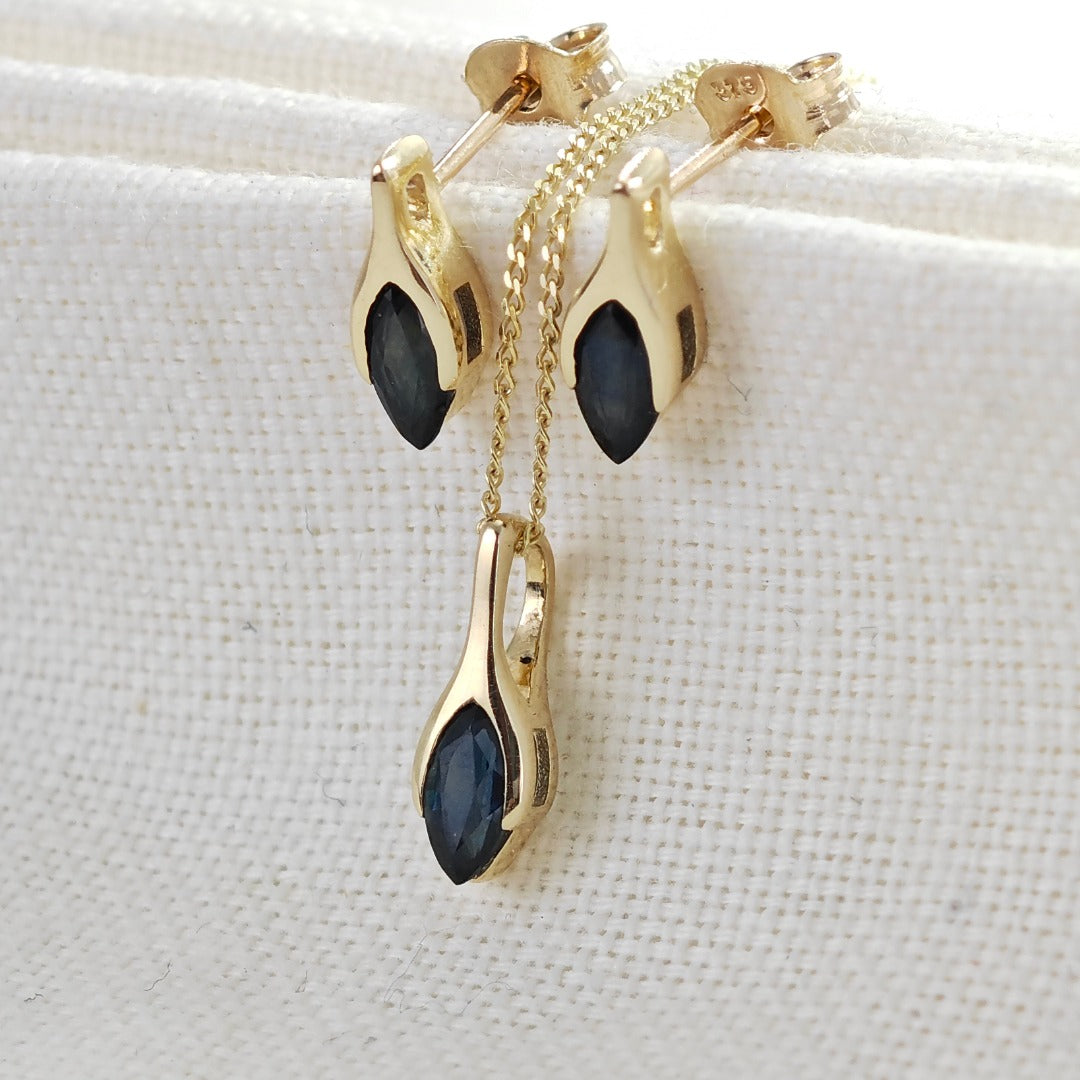 9ct Blue Sapphire Set Pendant Stud Earrings Yellow Gold Minimalist Marquise