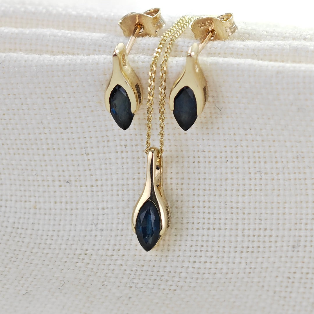 9ct Blue Sapphire Set Pendant Stud Earrings Yellow Gold Minimalist Marquise
