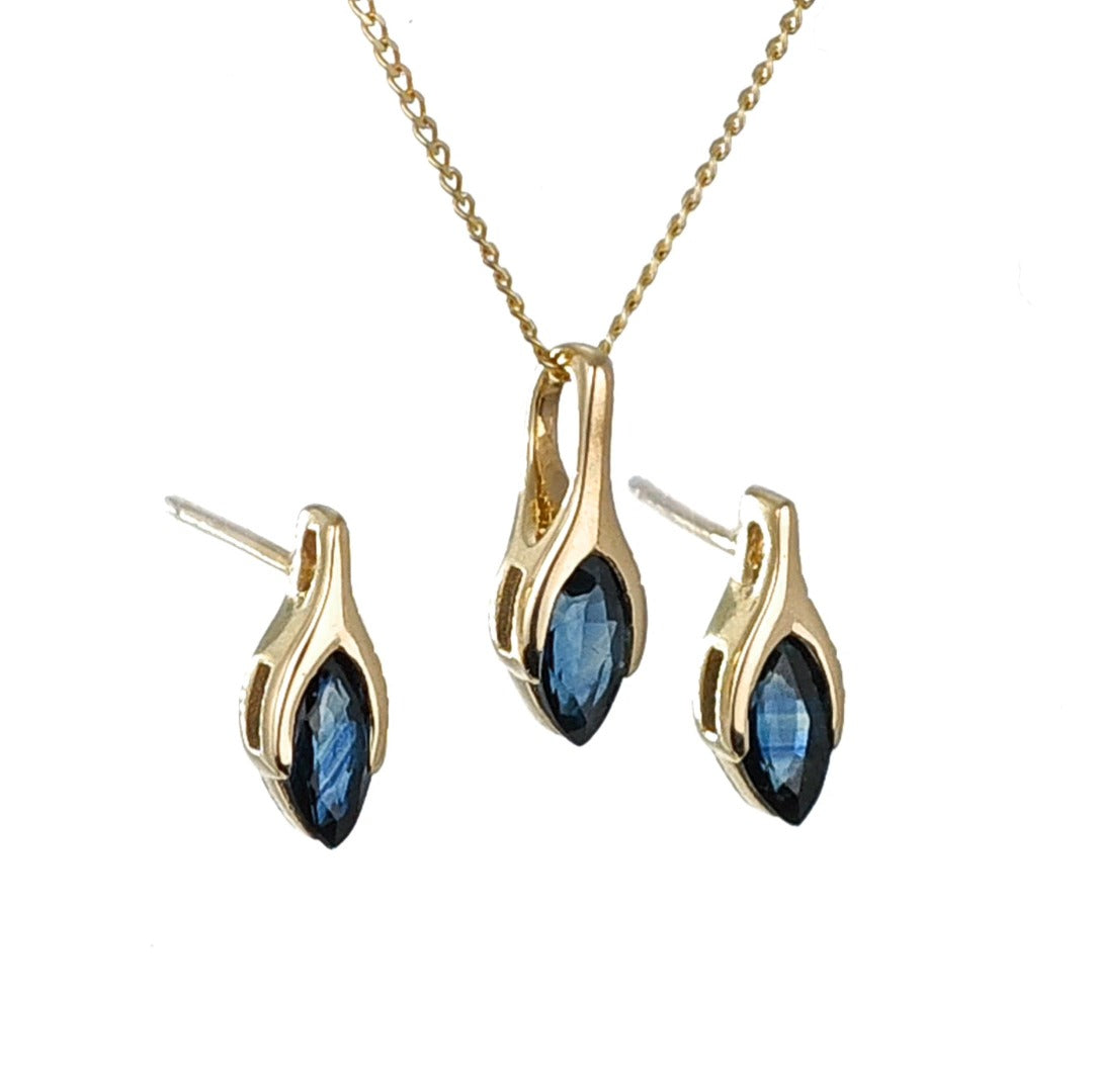 9ct Blue Sapphire Set Pendant Stud Earrings Yellow Gold Minimalist Marquise