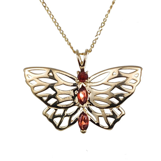 9ct Gold Garnet Butterfly Necklace Red Hallmarked UK Design Handmade
