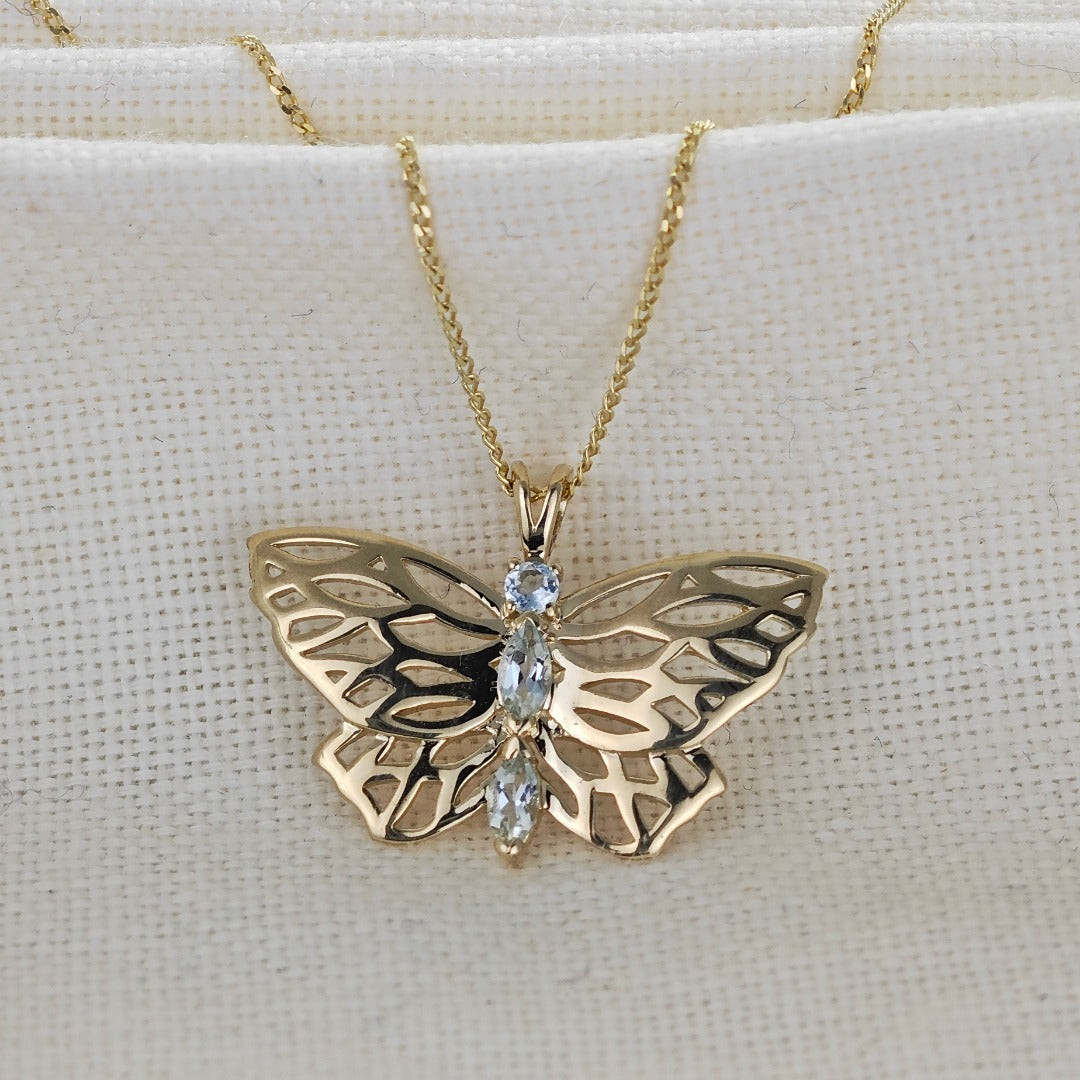 9ct Aquamarine Butterfly Necklace Gold Hallmarked UK Design Handmade