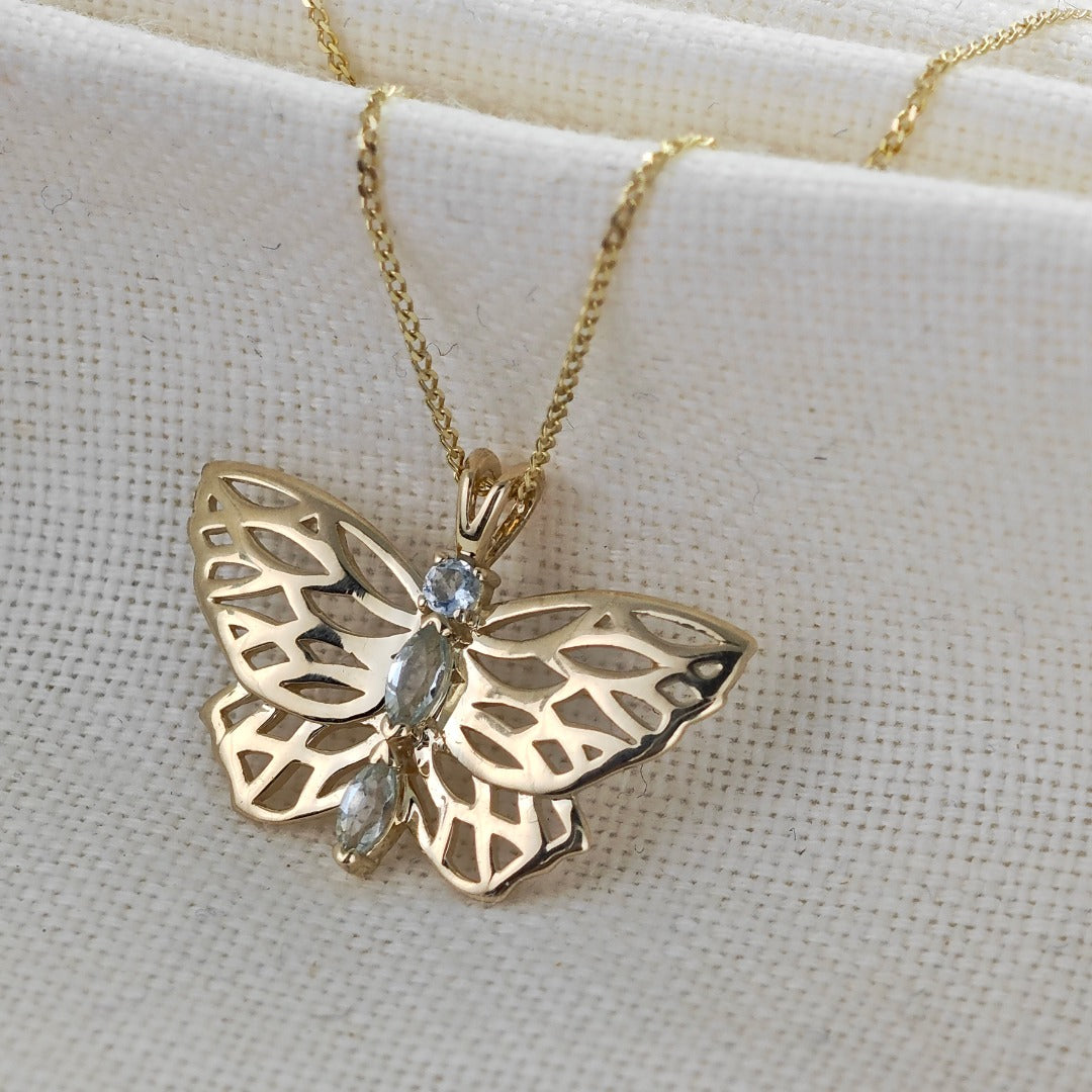 9ct Aquamarine Butterfly Necklace Gold Hallmarked UK Design Handmade